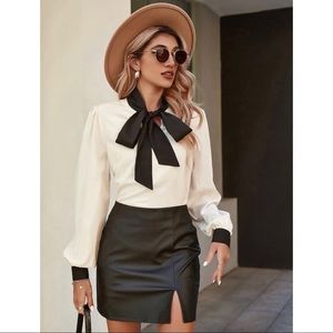 Like New Black and White Chiffon Neck Tie Puff Sleeve Blouse 6